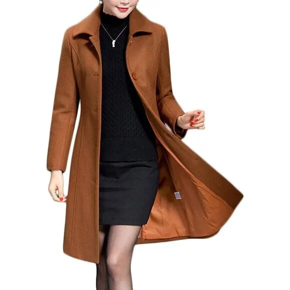 Women's Caramel Winter Wool Trench Coat Long Thick Warm Walker Overcoat Modern - Picture 2 of 4
